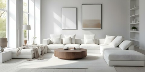 A modern living room with a large white sectional sofa, a round wooden coffee table, and two framed wall art pieces.