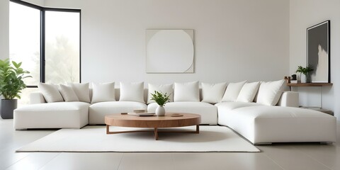 A modern living room with a large white sectional sofa, a round wooden coffee table, and two framed wall art pieces.