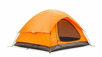 Bright orange lightweight and compact tent easy to set up isolated on a plain white background with a deep depth of field showcasing the intricate details and design of the outdoor camping equipment