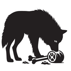 Silhouette of a wolf eating a bone.