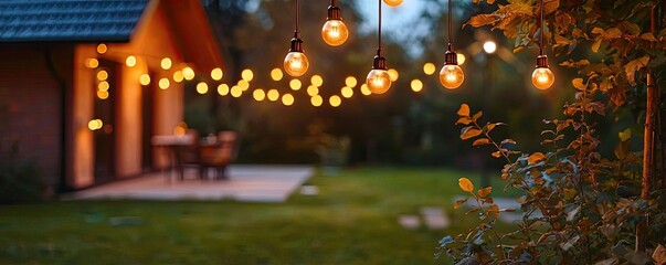 Outdoor evening setting with warm string lights illuminating a cozy garden.