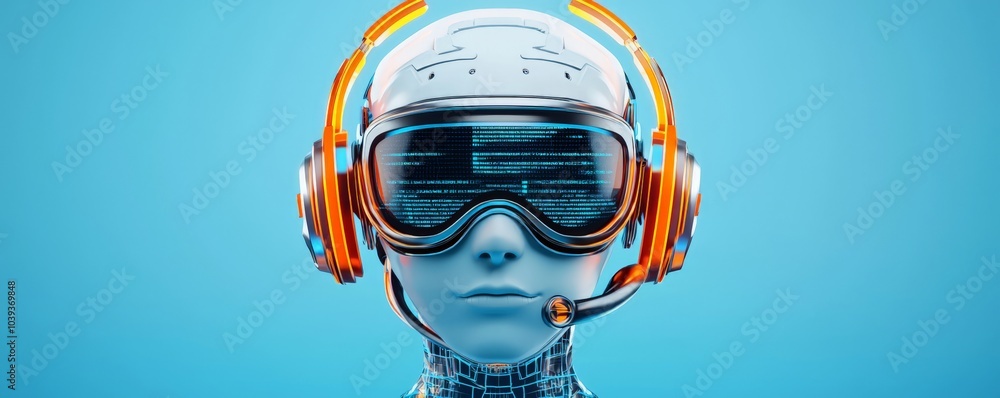 Poster a futuristic robot with a headset and visor, displaying digital elements, symbolizing ai technology 