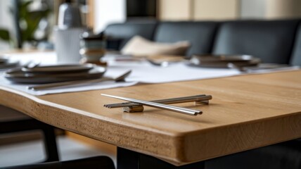 Dinner table with sleek wood and chrome chopsticks placed neatly