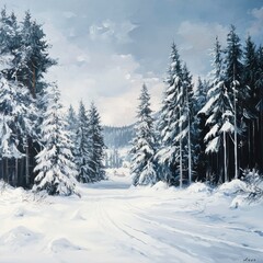 Obraz premium Landscape with snowy pine forest