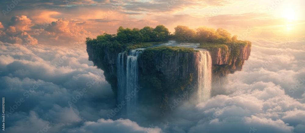 Poster a floating island with a waterfall cascading down into a sea of clouds, bathed in the golden glow of