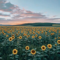 Obraz premium Landscape with sunflower field at dusk