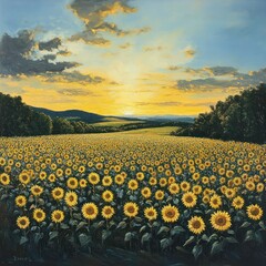 Fototapeta premium Landscape with sunflower field at dusk