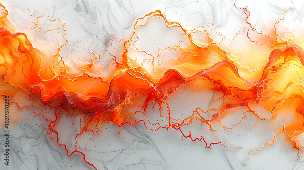Poster vivid orange and red swirls create a dynamic abstract artwork on a white background