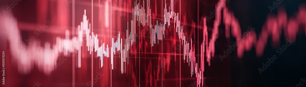 Poster a dynamic chart displays fluctuating lines in shades of red against a dark background, suggesting ma