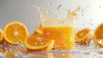 Fresh Orange slices falling into the glass of orange juice isolated on white background,Flying orange slice falling into overflowing glass,packaging,fresh citrus fruits,Real shot,food concept.