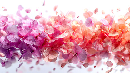Fototapeta premium A vibrant cascade of colorful petals falling in harmony across a soft white backdrop