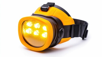 Waterproof and Adjustable Headlamp with Powerful LED Lights in Bright Yellow Color Isolated on Clean White Background with Deep Depth of Field