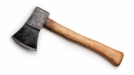 Camping hatchet with a sharp carbon steel blade and sturdy wooden handle isolated on a clean white background with deep depth of field  Rustic and rugged outdoor equipment for survival forestry