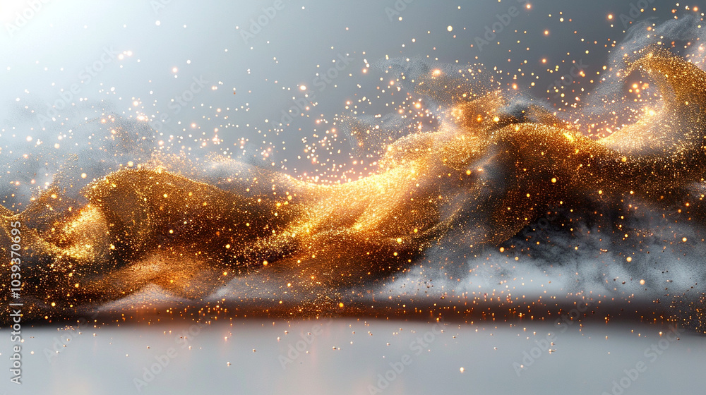 Poster golden particles swirl gracefully in a luminous abstract display of motion and light