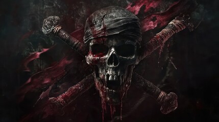 A dark, stylized skull and crossbones with a bloodied effect, symbolizing danger or piracy.