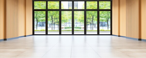 Obraz premium A spacious, modern interior with wooden walls and large glass doors, allowing natural light and a view of trees outside.