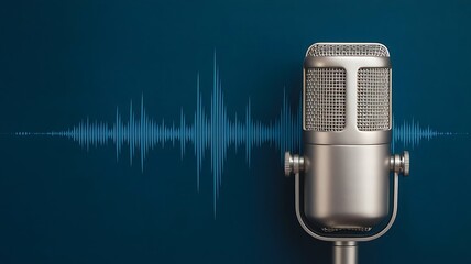 A sleek studio microphone placed beside a digital sound waveform on a deep blue background podcasting banner
