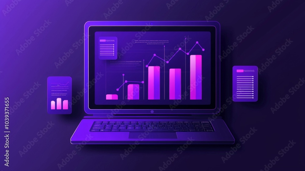 Poster a sleek, modern digital display featuring colorful graphs and charts on a laptop, surrounded by mobi