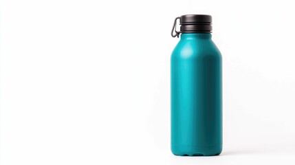 A bright teal collapsible water bottle made of BPA free silicone isolated on a white background with a deep depth of field showcasing the minimalist design and reusable