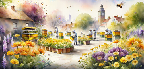 busy apiary filled with flowers and beekeepers