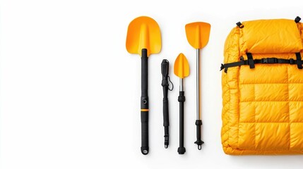Bright yellow avalanche rescue gear set including a shovel and probe isolated against a clean white background with deep depth of field