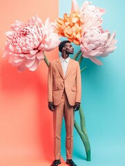 Very tall man standing with giant flowers. Love concept