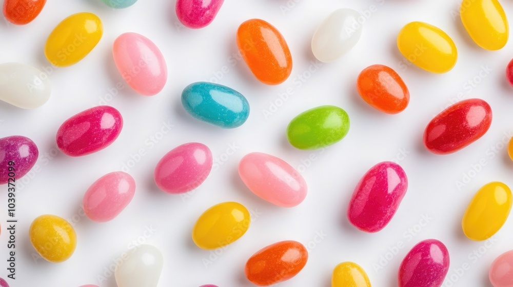 Aufkleber vibrant flat lay image of a assortment of colorful jelly beans scattered across a plain white backgr