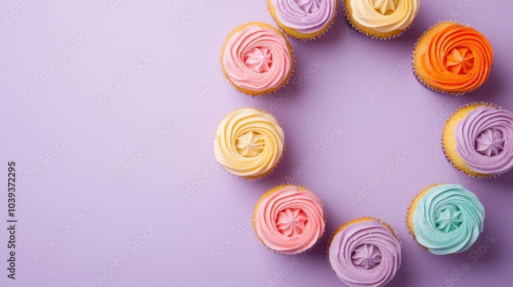 Aufkleber a vibrant and visually appealing overhead shot showcasing an assortment of pastel colored cupcakes w