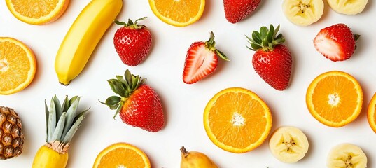 Fresh and Vibrant Fruit Pattern - Oranges, Strawberries, Bananas, and Pineapple