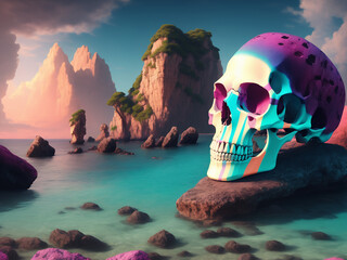 giant colorful skull in seascape