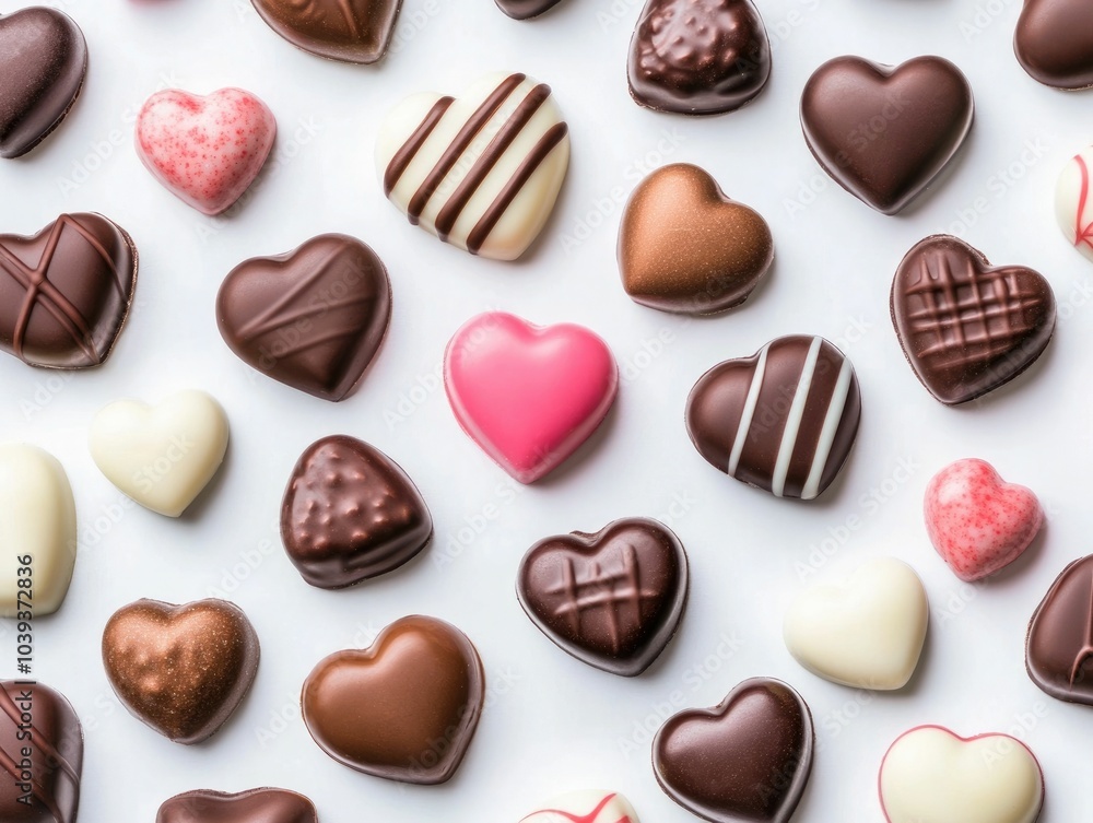 Aufkleber closeup editorial view of assorted chocolate candies heart shaped sweets and confections spread on a