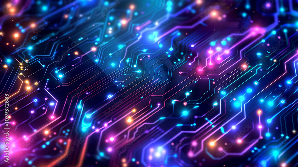 Poster vibrant circuit patterns illuminated by colorful lights in a digital landscape