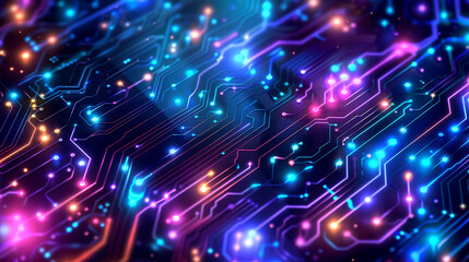 Obraz premium Vibrant circuit patterns illuminated by colorful lights in a digital landscape
