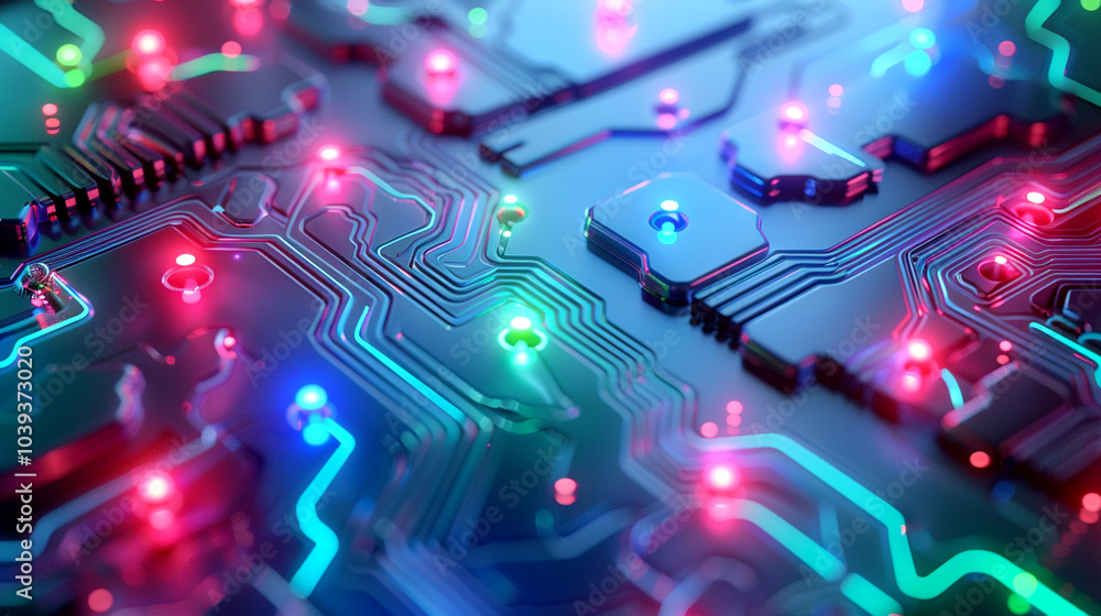 Poster colorful led lights illuminate a complex circuit board, showcasing intricate patterns
