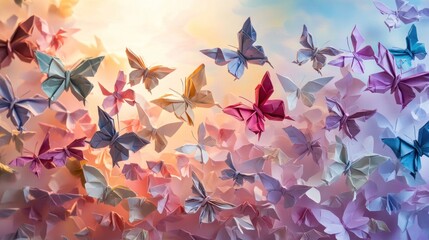 A vibrant display of colorful origami butterflies in a dreamy atmosphere.