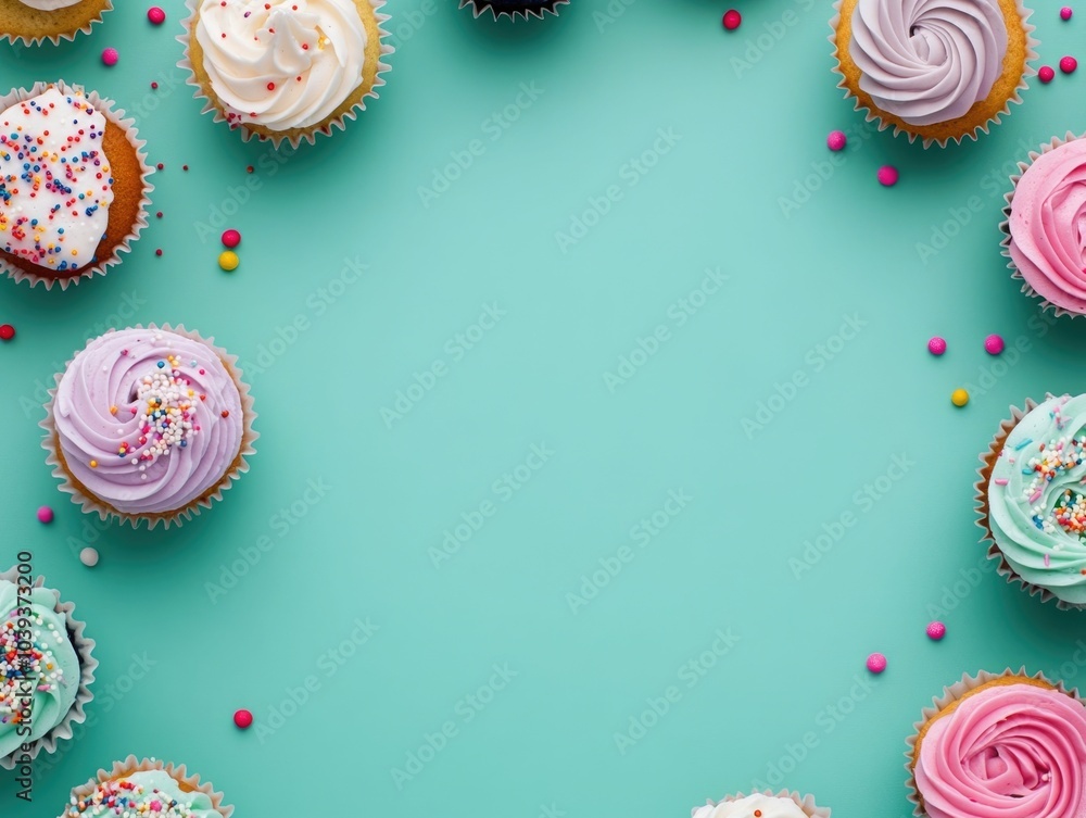 Aufkleber whole view of pastel frosted cupcakes with vibrant sprinkles on a soft mint green background photogr