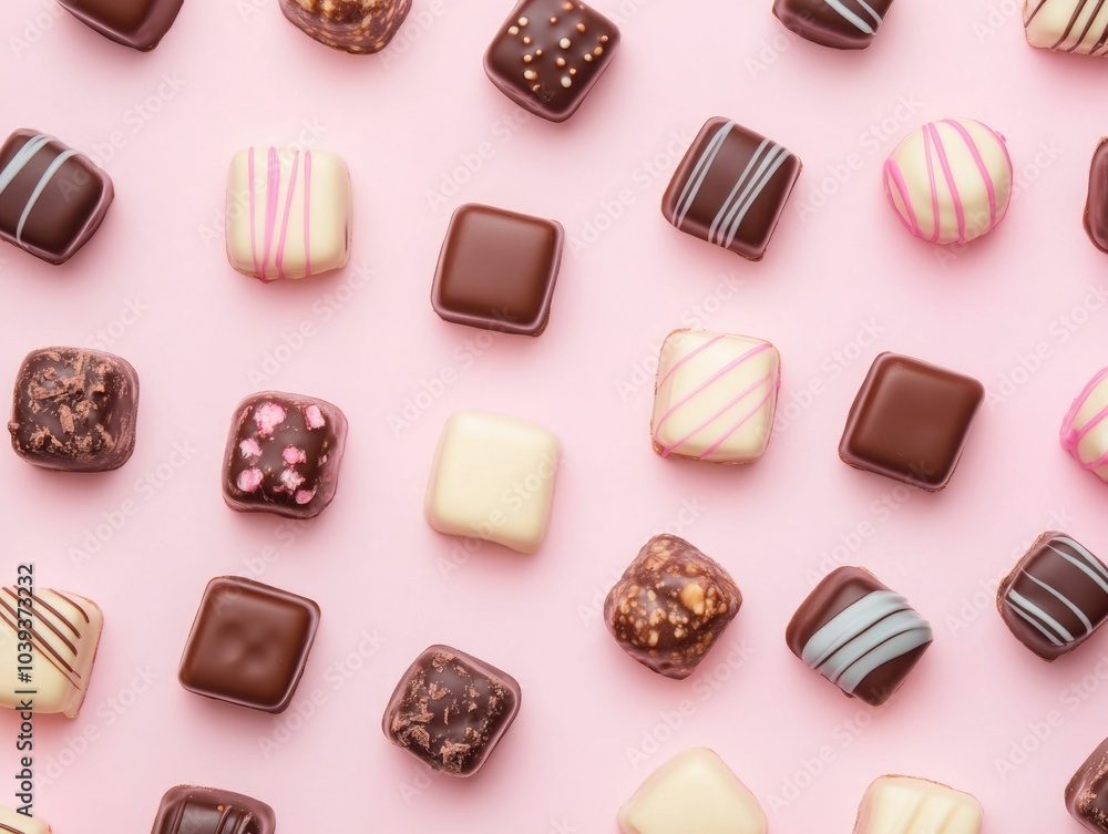 Aufkleber top view of an assortment of premium chocolate bonbons with colorful wrappers displayed on a light p