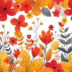 Horizontal Seamless Pattern with Red, Yellow, and Orange Leaves, Thin Branches, Rich Design, Autumn Texture on White Background