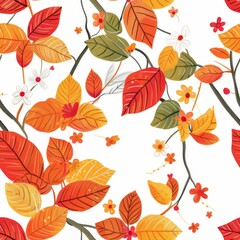 Seamless Pattern with Red, Orange, and Green Leaves, Thin Branches, Autumn Texture on White Background