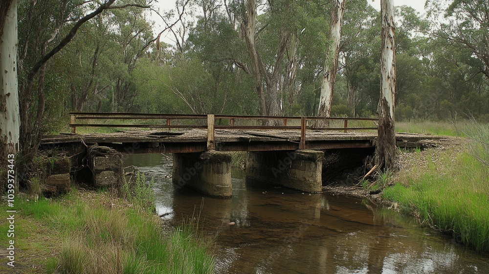 Poster rustic bridge over calm stream in nature setting