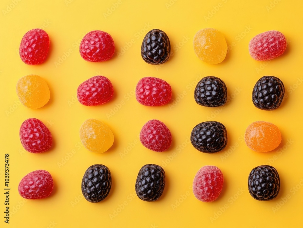 Aufkleber Flat lay composition of assorted colorful fruit flavored candies neatly arranged on a pastel yellow background  Vibrant clean and minimalistic design with a deep depth of field