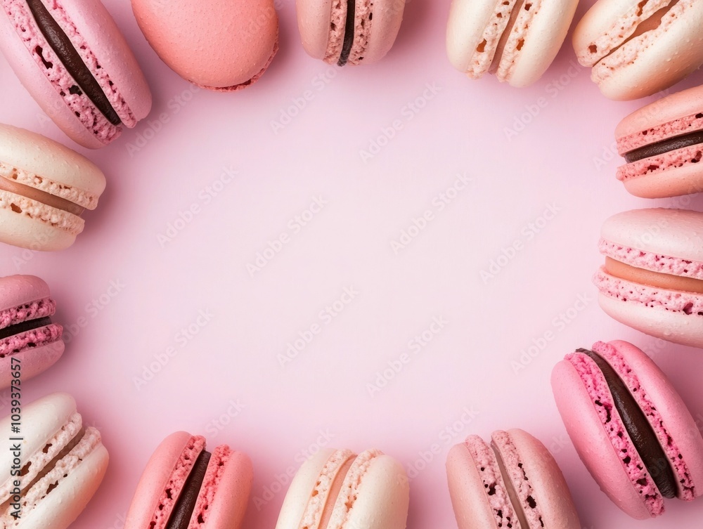 Aufkleber top view of delicate pastel colored macarons and meringues arranged in a circular pattern on a soft 