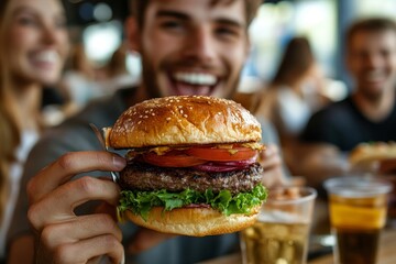 Man eating burger with friends at restaurant, Generative AI