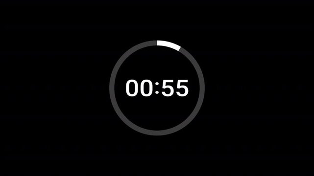 One minute countdown timer animation from 60 seconds to 0 seconds with alpha channel , 1 minute countdown timer on a transparent background.
