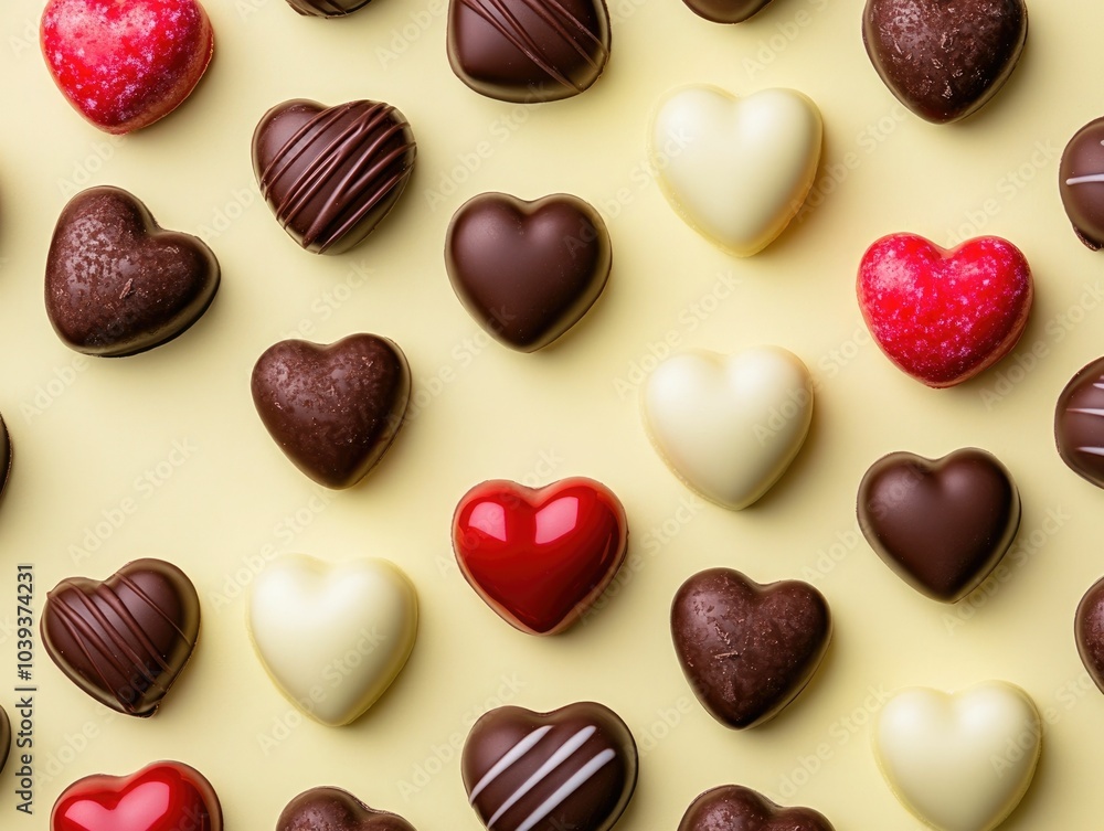 Aufkleber delectable candy hearts and chocolates artfully arranged in a minimalist grid pattern on a pale yell