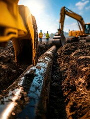 A close-up view of a pipeline being installed with heavy machinery. Workers are present, highlighting the construction process in an outdoor setting.