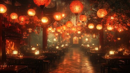 A serene dining space adorned with glowing lanterns and foliage.