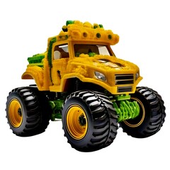 Obraz premium Brightly colored monster truck toy displayed on a clean white background, emphasizing its playful design and large tires