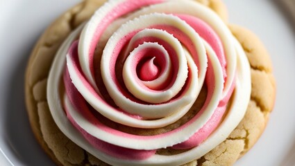  A close-up of freshly baked rose-shaped cookies with pink icing and delicate details for Valentine's Day, showcasing a sweet and artistic mood against a soft backdrop