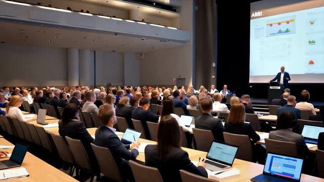 business training seminar education lecture staff meeting or workshop motion, abstract people group siting in auditorium learning listening to presentation